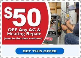 The image is an advertisement offering a discount on AC and heating repair services. It features a prominent red tag on the left, stating fifty dollars OFF Any AC and Heating Repair, with a smaller note that specifies the offer is for first-time customers only. A photograph of a technician working on a heating or air conditioning unit is on the right side. Below the image is a button with the GET THIS OFFER, indicating that it is clickable, leading to a website where the offer can be redeemed.
