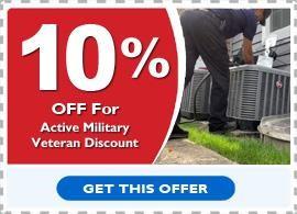The image is an advertisement offering a discount to active military veterans. It displays a large red tag on the left with TEN PERCENT OFF For Active Military Veteran Discount in white text. On the right side, there's a photograph of a person,  a technician, working on outdoor AC units. At the bottom is a GET THIS OFFER button, leading to a webpage where the offer can be claimed.