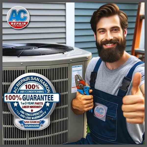 AC Repair San Ramon technician proudly displaying 100 percent satisfaction guarantee and two year parts and labor warranty