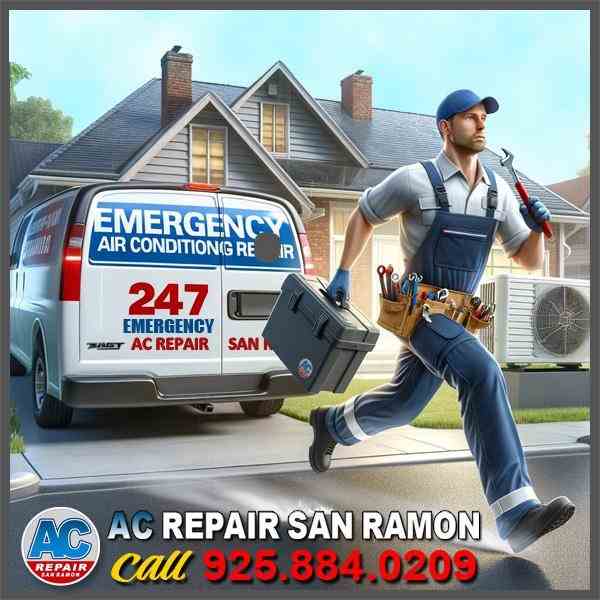 Emergency AC repair technician rushing to service call with tools and parts from 24-7 service van in San Ramon
