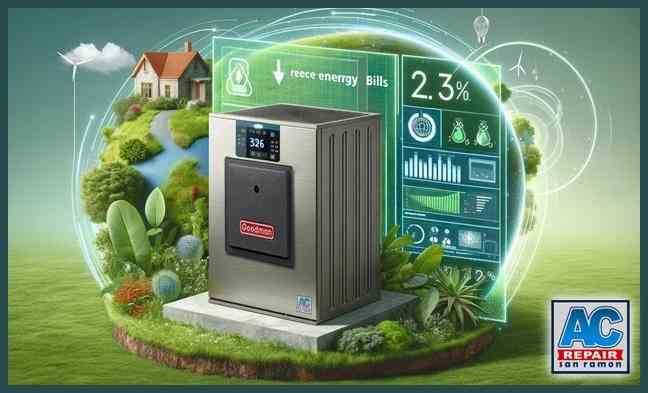 Infographic showing 20% energy savings from Goodman furnace upgrades with eco-friendly heating icons