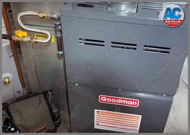 Newly installed Goodman energy-efficient furnace with safety gas connector and backup power system