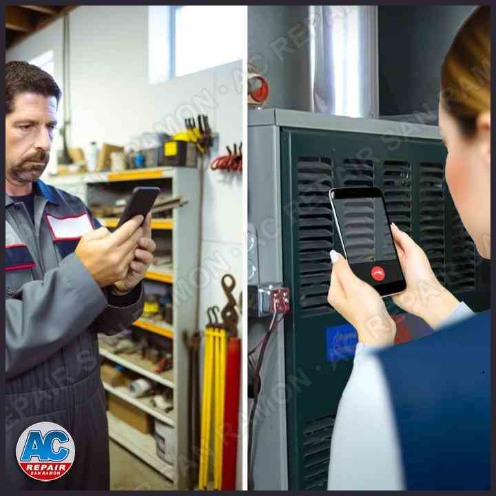 AC Repair San Ramon technician demonstrating proper furnace flame color during remote video diagnosis