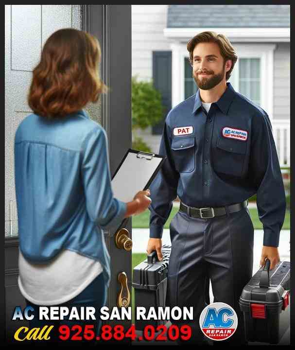 HVAC technician Pat arriving at customer's door with tools and wearing an AC Repair San Ramon uniform for service call